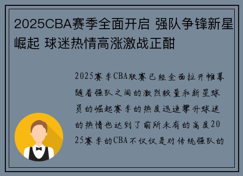 2025CBA赛季全面开启 强队争锋新星崛起 球迷热情高涨激战正酣