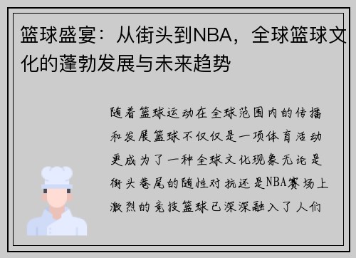 篮球盛宴：从街头到NBA，全球篮球文化的蓬勃发展与未来趋势